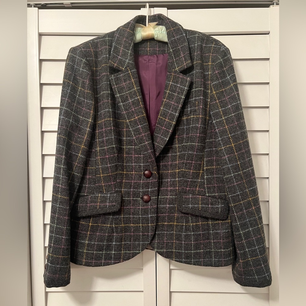 Boden Jacket Suit Coat Blazer Wool Grey Colorful Plaid Size 14